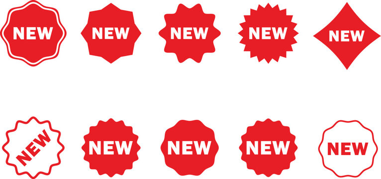 Collection of various red new badges and stickers with white background