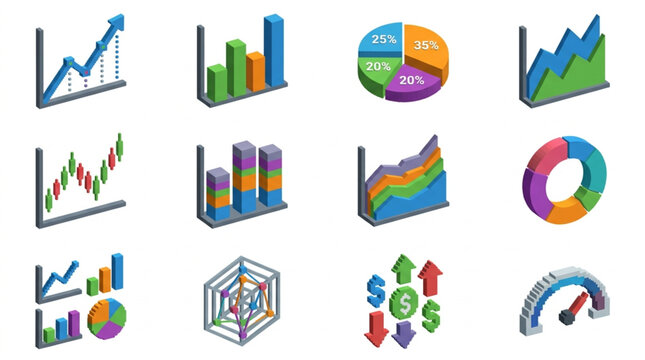 Collection of various financial and business charts and graphs icons.