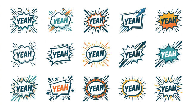 Collection of Yeah Speech Bubbles and Comic Book Style Explosions.