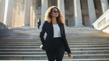 Fototapeta premium A confident, dark-haired woman in a black business suit stands on a grand staircase leading to a classical building.