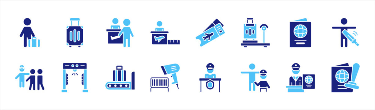Airport Travel Procedure Icon Set Showing Passenger Luggage Check In Boarding Pass Security Checkpoint Immigration Counter and Passport Stamping Process Flow