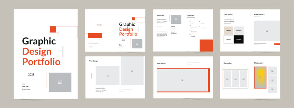 Minimalist graphic design portfolio layout template with abstract orange geometric elements, 12 pages corporate brochure