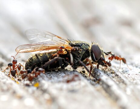 A close-up of a black insect with transparent wings and six-legged creatures