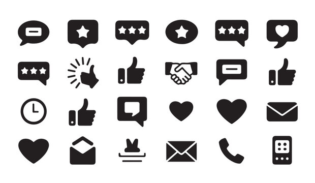 Customer feedback and communication icon set includes stars messages hearts and thumb up.