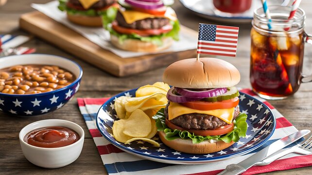 American themed picnic feast with burgers hotdogs and patriotic desserts
