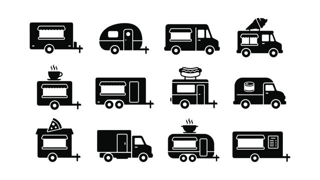 Set of black silhouette food trucks and travel trailer icons.