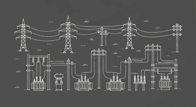 Electrical power transmission and distribution substation schematic illustration.
