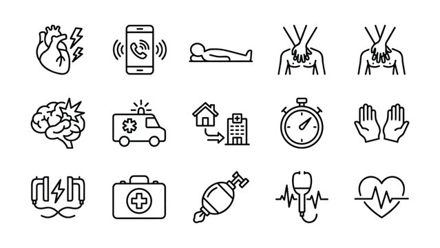 Set of emergency medical care and first aid icons in thin line style.