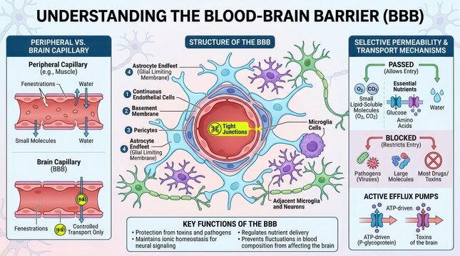 Infographic illustrating the structure and function of the Blood-Brain Barrier BBB.