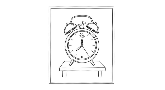 Vintage Alarm Clock on Table, 7 AM Wake Up Call, Retro Timepiece Illustration