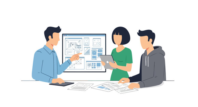 A diverse team of professionals collaborates on a user interface design project, discussing wireframes and data analytics in a modern office.
