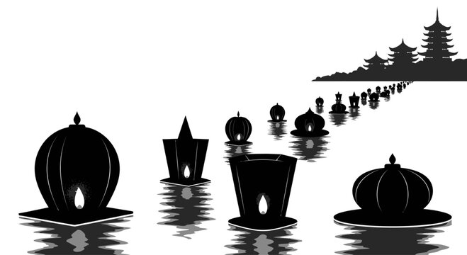 Silhouetted floating lanterns drifting on water towards distant traditional oriental temples.
