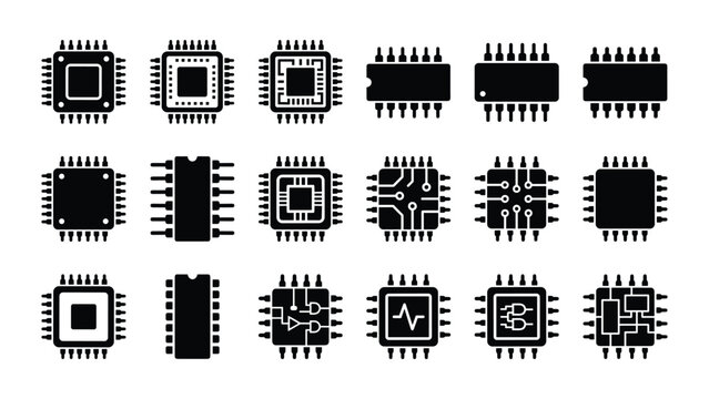 Set of black electronic integrated circuit chip icons.
