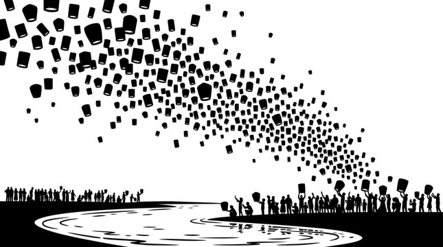 Silhouetted crowd releasing numerous floating lanterns into the night sky.
