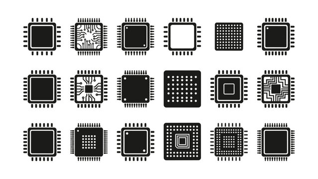 Set of electronic microprocessor chips and computer processor icons.