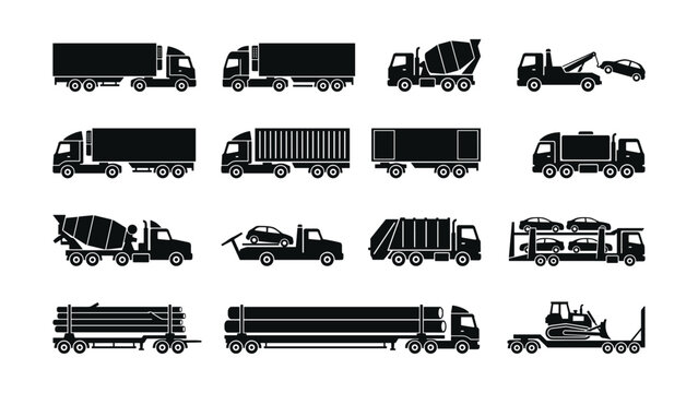 Collection of various industrial and heavy duty cargo trucks silhouettes.