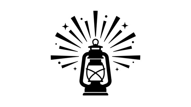 A black and white silhouette illustration of a vintage oil lantern radiating light.