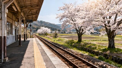 Fototapeta premium Realistic Japanese countryside train station with blooming cherry blossom trees, peaceful railway platform