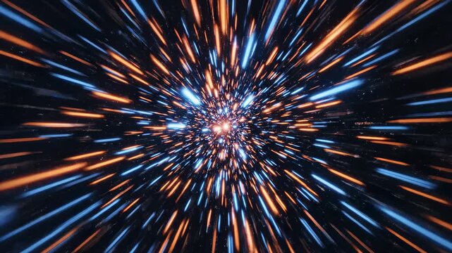 Cinematic Hyperspace Jump with Glowing Blue and Orange Light Streaks on Black Background, Ideal for Sci-Fi Backgrounds and High-Tech Video Transitions.