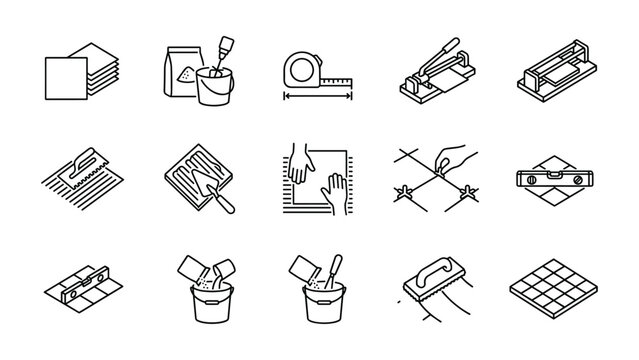 Set of thin line isometric tiling and flooring installation icons.