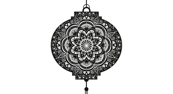 Intricate black and white mandala style hanging lantern illustration.