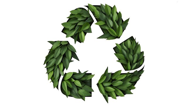 Green recycling symbol made of leaves on white background