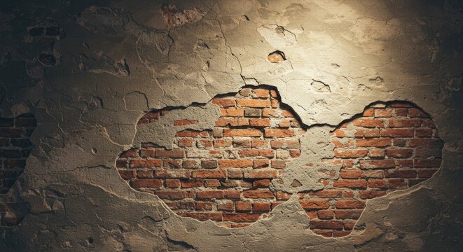 Weathered brick wall exposed through damaged plaster with dramatic lighting