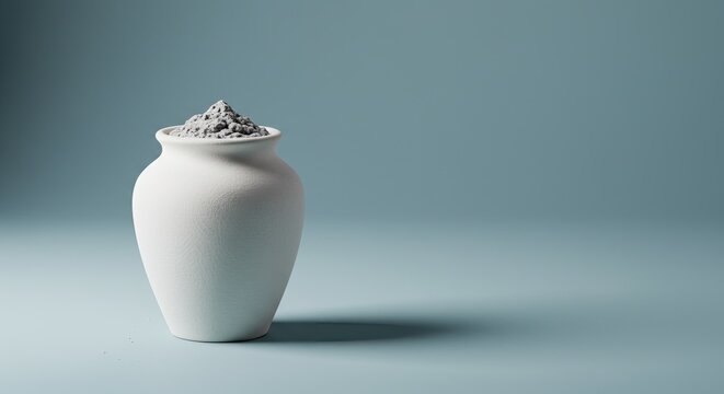 White ceramic urn on blue backdrop symbolizing remembrance and loss