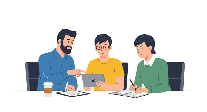 Three colleagues or students are seen collaborating at a table, using a tablet, notebook, and charts to discuss ideas during a productive group session.