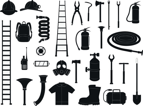 Firefighter Equipment And Rescue Gear Vector Icon Set