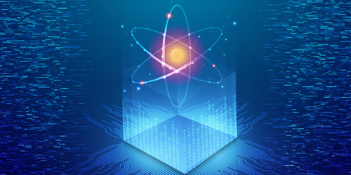 Quantum computing concept abstract atom and data cube with circuit background.