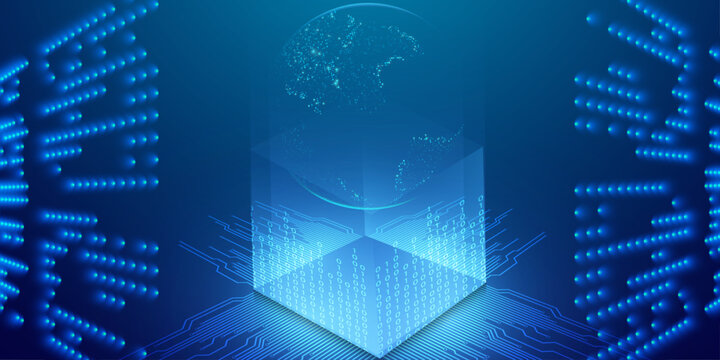 Holographic earth globe above electronic cube with binary code and circuit patterns.