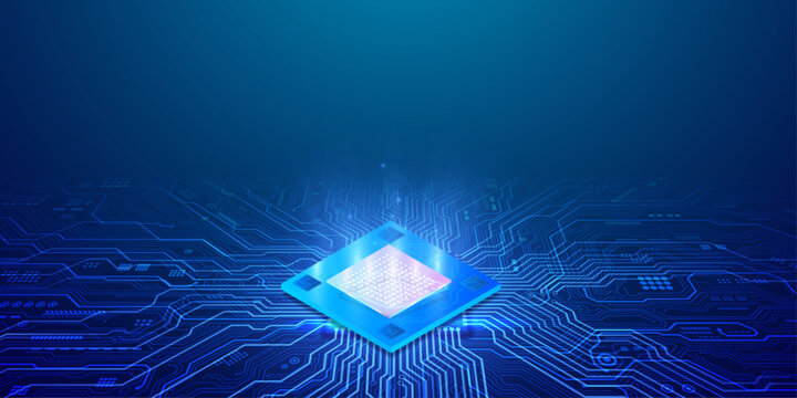Central processing unit chip with glowing data pathways on integrated circuit board background.
