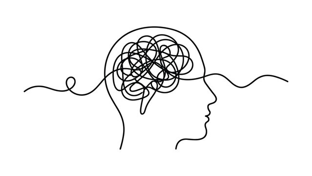 Continuous line art of a human head with a tangled chaotic brain.