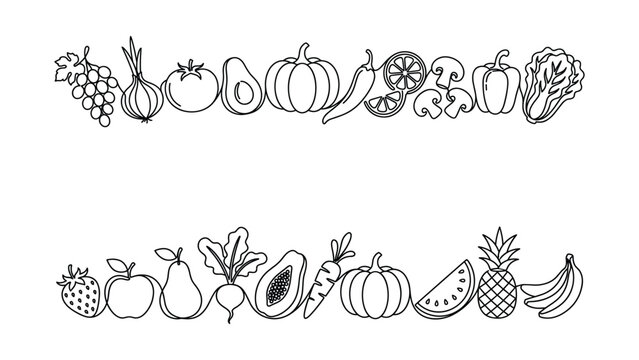 Hand drawn doodle fruit and vegetable borders set.