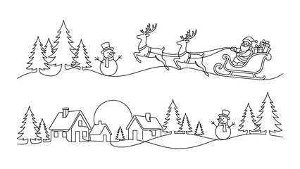 Christmas winter landscape outline with Santa Claus and reindeer sleigh. © Hyiu