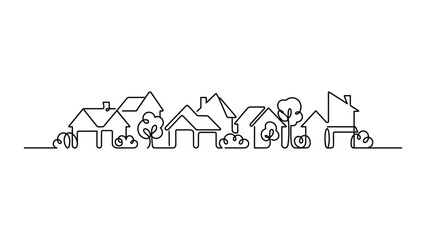 Continuous line drawing of residential suburban houses and trees. © Pionn
