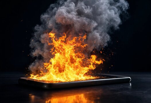 Burning smartphone with flames and thick smoke from overheating lithium battery malfunction, illustrating technology failure, safety risks, electrical hazards, consumer danger, and emergencies.