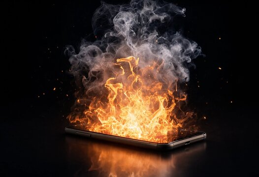 Burning smartphone with flames and thick smoke from overheating lithium battery malfunction, illustrating technology failure, safety risks, electrical hazards, consumer danger, and emergencies.