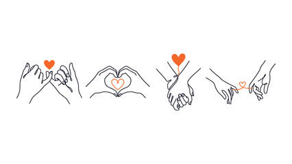 Set of Hand Gestures and Interactions with Heart Symbols Line Art. © Pionn
