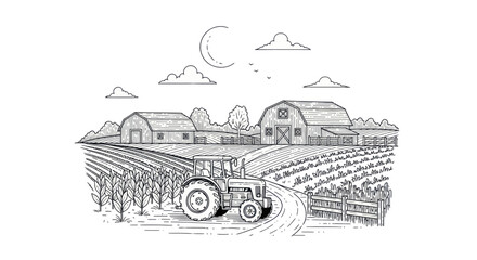 Farm landscape with tractor and barns at night. © Yuni