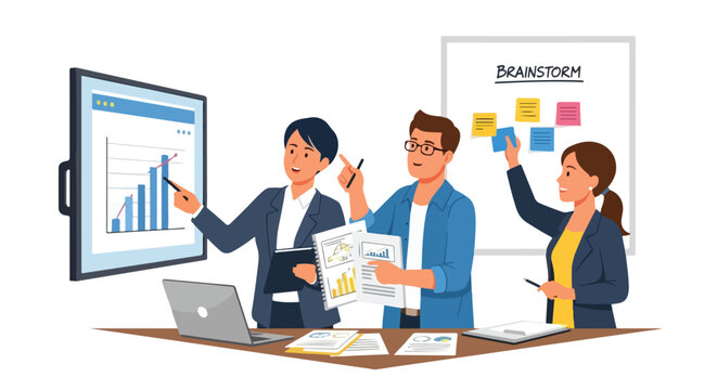 Professional colleagues work together in an office setting, analyzing growth charts on a screen and brainstorming ideas on a whiteboard.