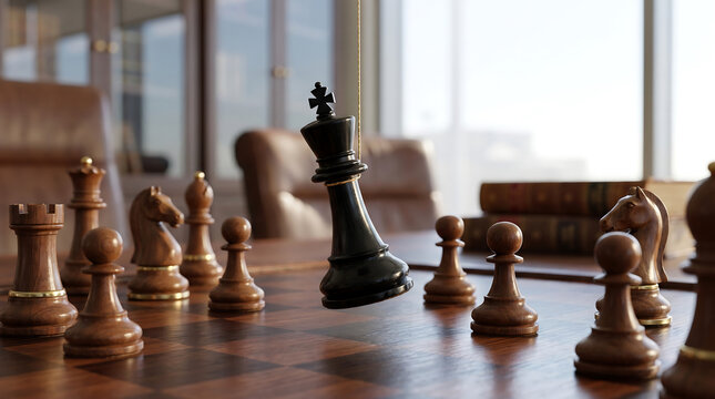 Manipulation and control over a chess game with a suspended king, offering copy space for advertising, news