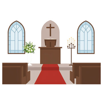 Church interior altar flat vector illustration, christian chapel altar with cross pews and red carpet background