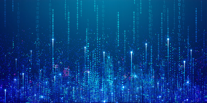 Abstract data city landscape with vertical binary code streams and glowing digital particles on dark blue background.