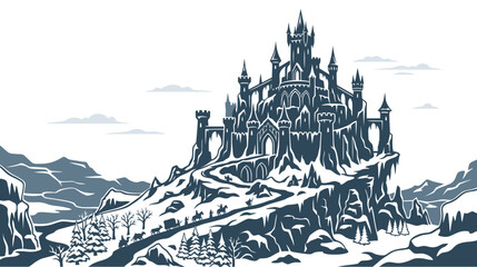 A majestic gothic castle perched atop a snowy mountain peak. © Afi