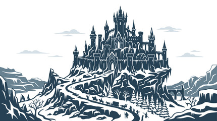 A majestic gothic castle perched atop a snow covered mountain peak. © Afi