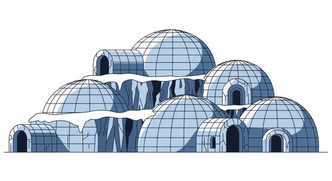 A complex cluster of interconnected ice igloos forming a winter village.
