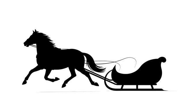 A black silhouette of a horse pulling a traditional sleigh on a white background.