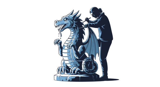 A skilled sculptor meticulously carving a detailed stone dragon statue in a studio.